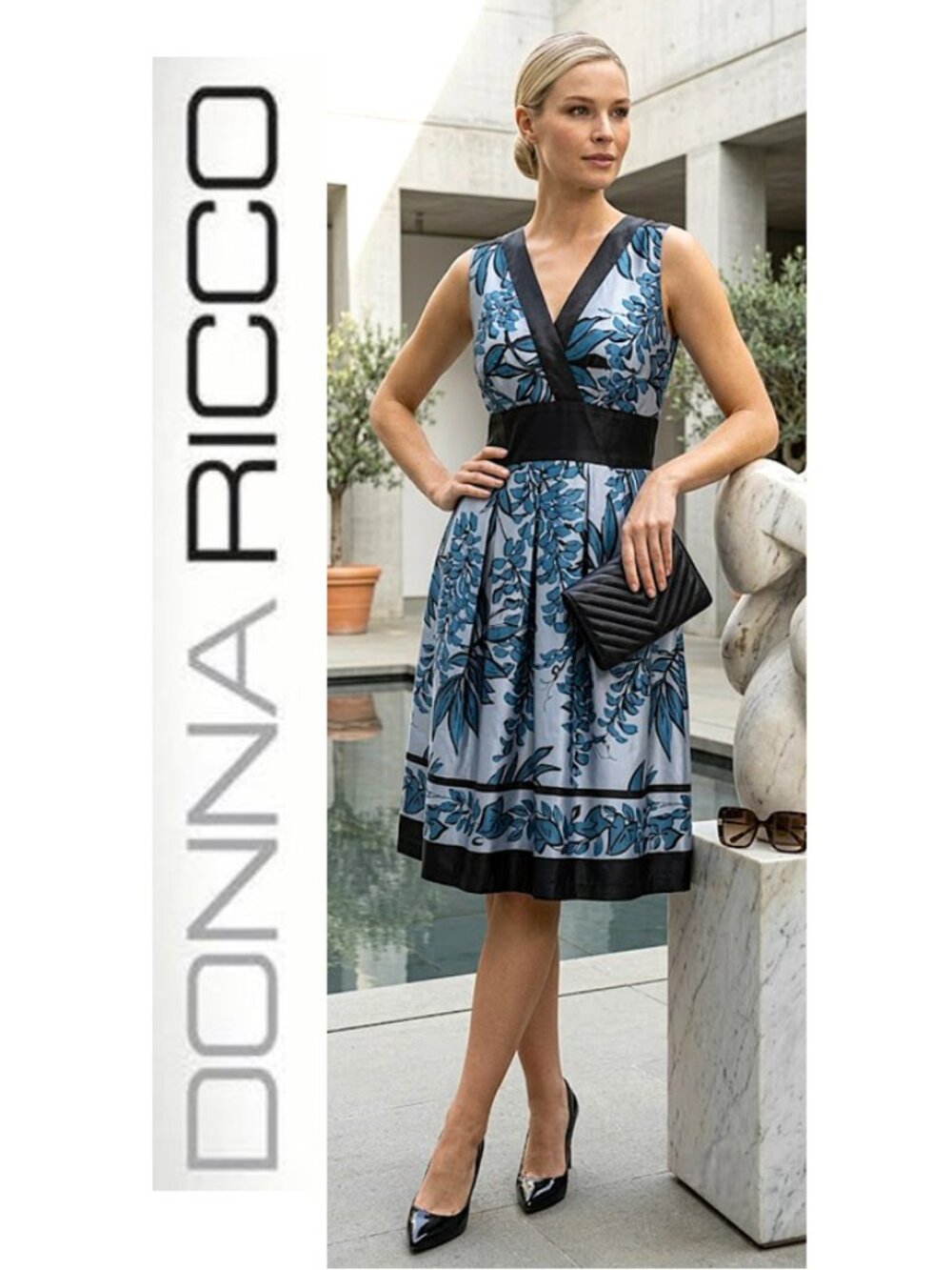 DONNA RICCO - 100% silk blue floral sleeveless dress